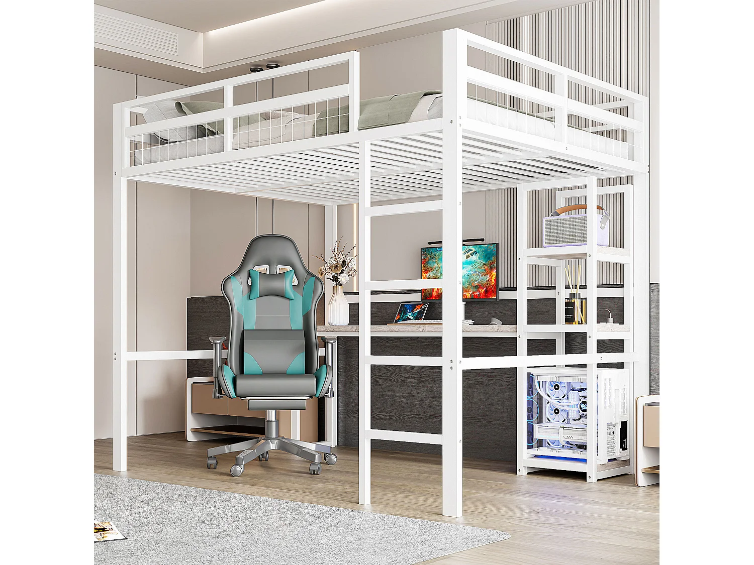 Lit mezzanine 140 x 200 cm - Lit simple avec escalier et bureau - bureau avec prise de courant - blanc