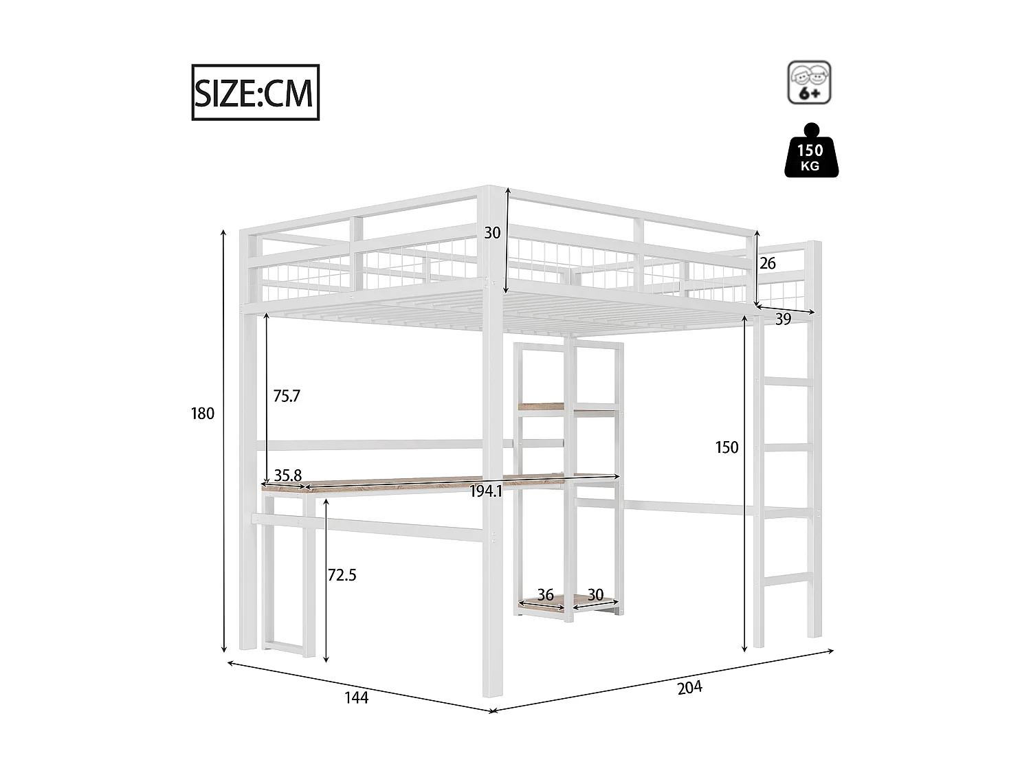 Lit mezzanine 140 x 200 cm - Lit simple avec escalier et bureau - bureau avec prise de courant - blanc