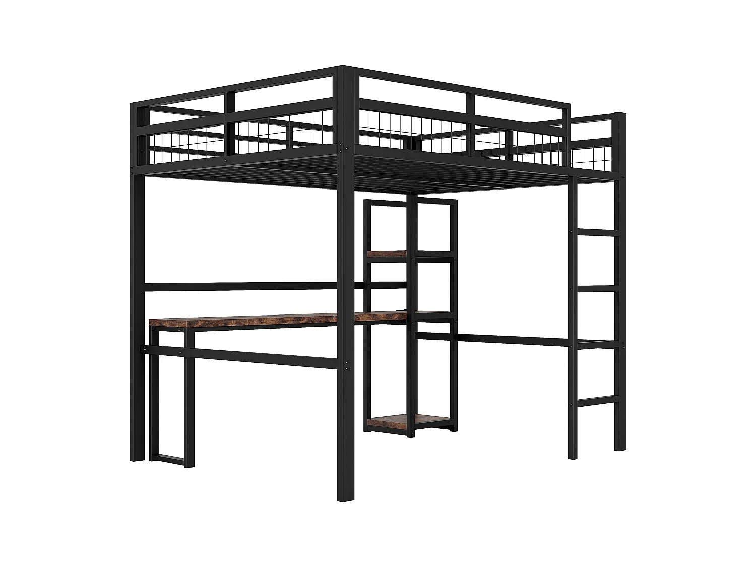 Lit mezzanine 140 x 200 cm - Lit simple avec escalier et bureau - bureau avec prise de courant - noir