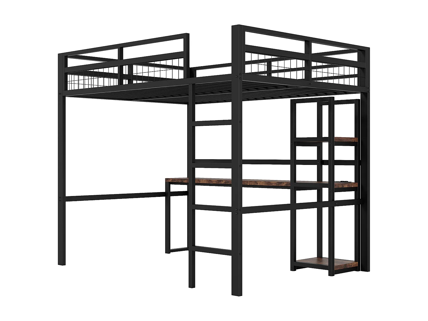 Hochbett 140 x 200 cm - Einzelbett mit Treppe und Schreibtisch - schreibtisch mit steckdose - schwarz