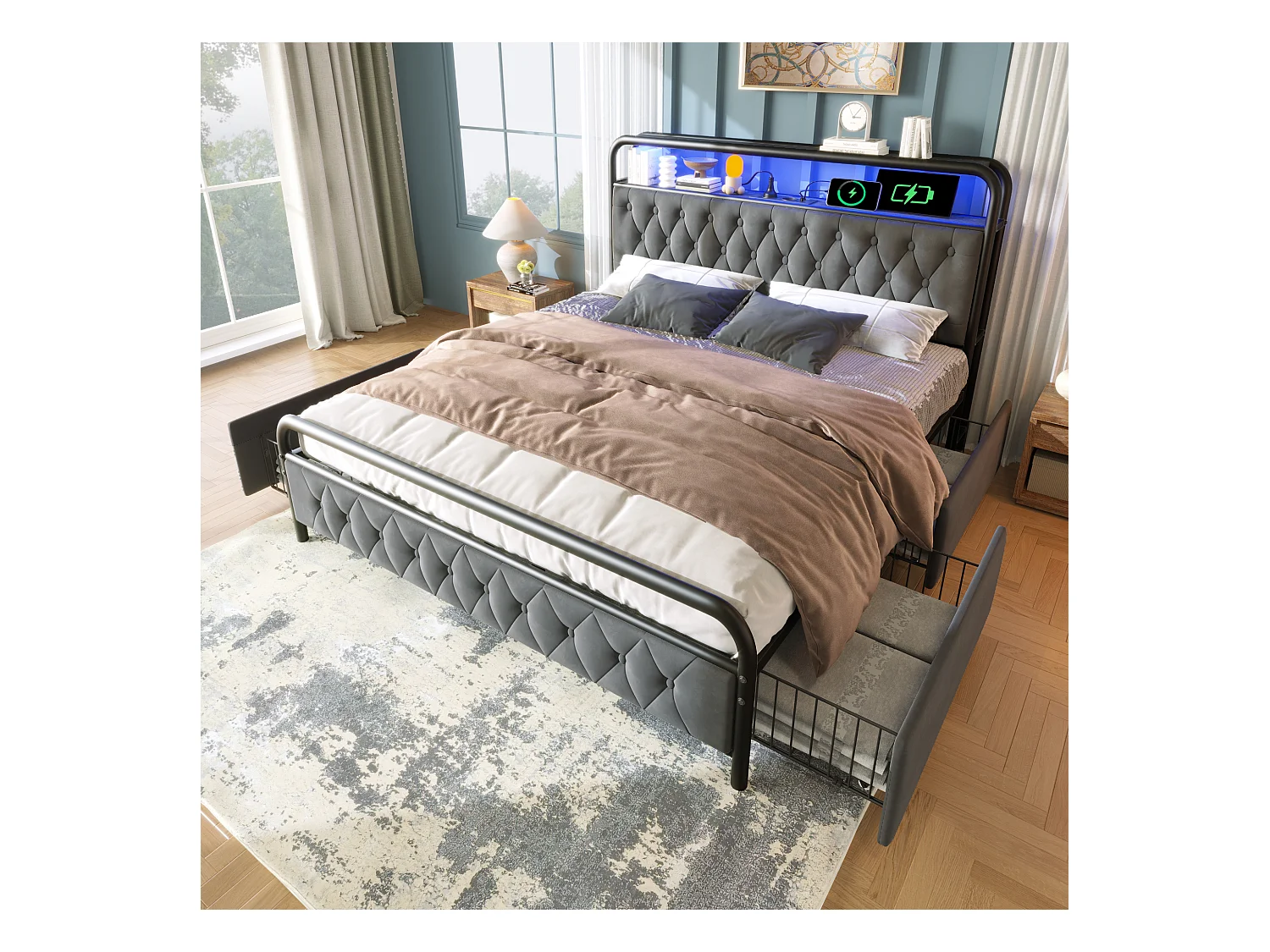 Lit adulte 140x200 cm -Lit double avec LED et recharge USB - 4 tiroirs - velours gris - sans matelas