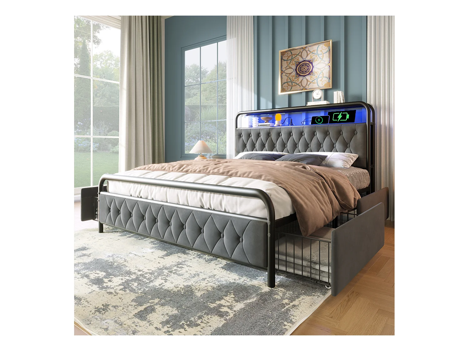 Lit adulte 140x200 cm -Lit double avec LED et recharge USB - 4 tiroirs - velours gris - sans matelas