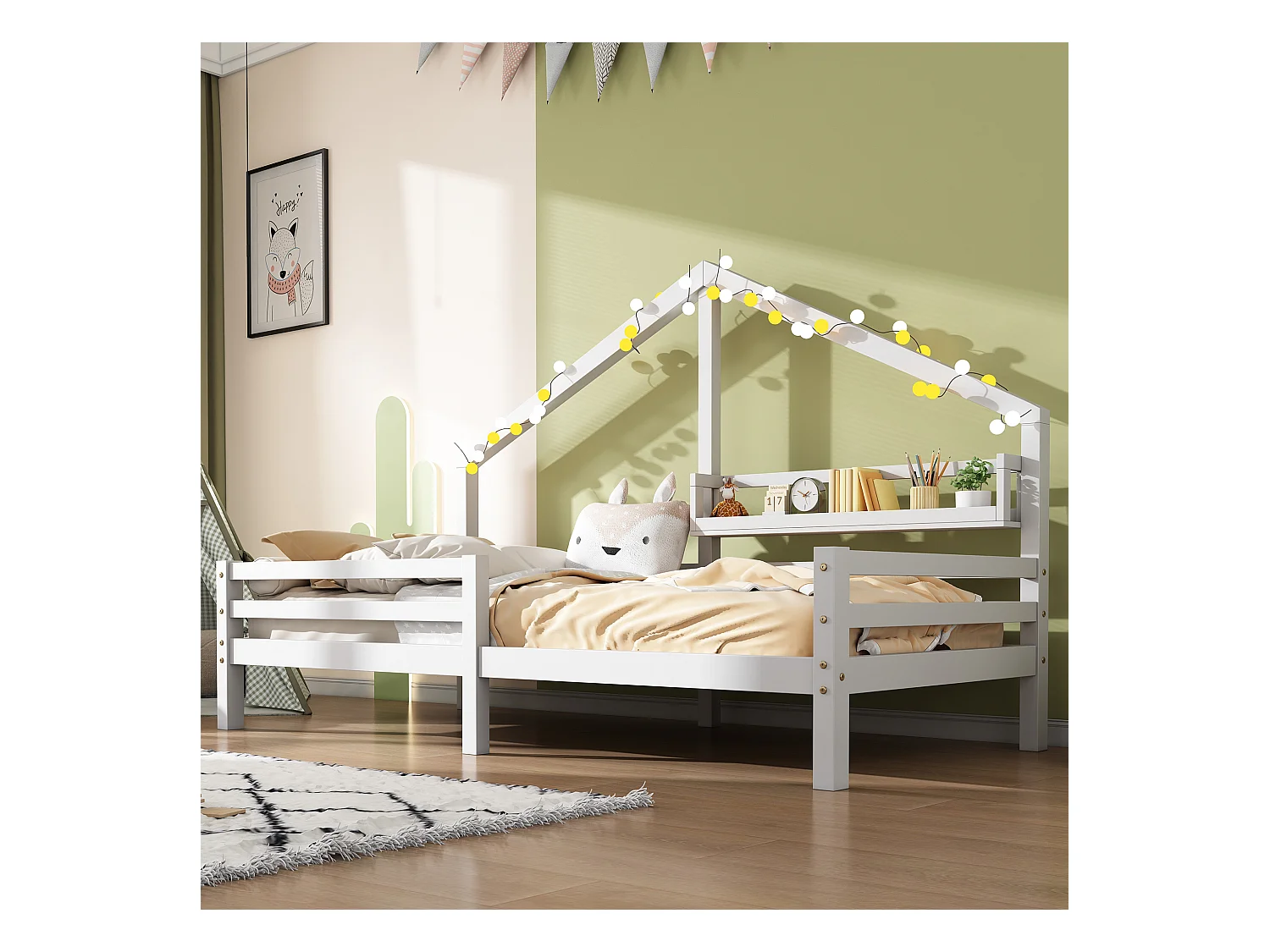 Letto per bambini 90x200 cm - Letto singolo con ripiano contenitore e rete a doghe in legno - bianco - senza materasso
