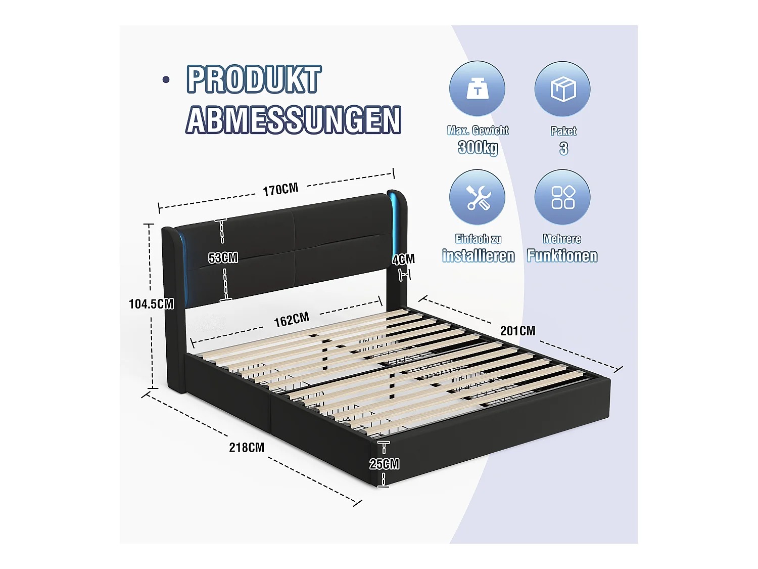 Lit adulte 160x200 cm - Lit double avec USB et éclairage LED - 4 tiroirs - velours noir - sans matelas