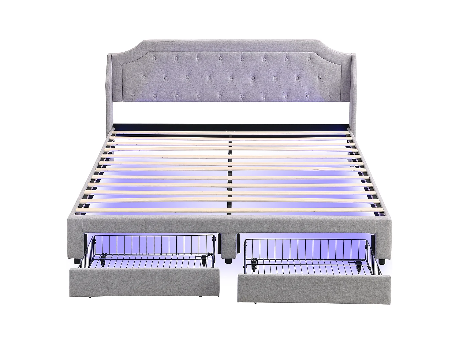Lit adulte 180x200 cm - Lit double avec éclairage LED - 2 tiroirs de rangement - lin gris - sans matelas