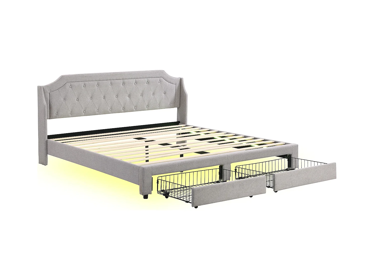 Lit adulte 180x200 cm - Lit double avec éclairage LED - 2 tiroirs de rangement - lin gris - sans matelas