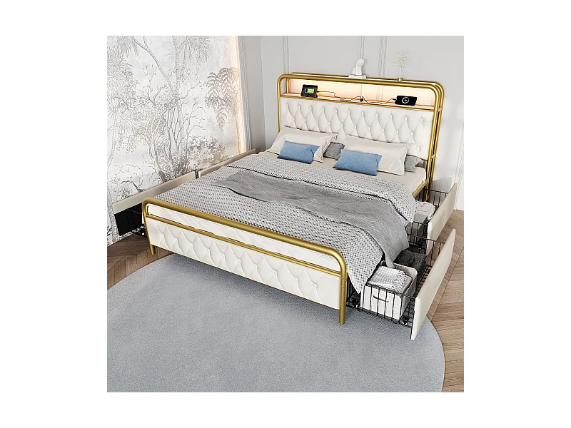 Łóżko dla dorosłych 160x200 cm – łóżko podwójne z oświetleniem USB i LED – 4 szuflady – biały aksamit – bez materaca