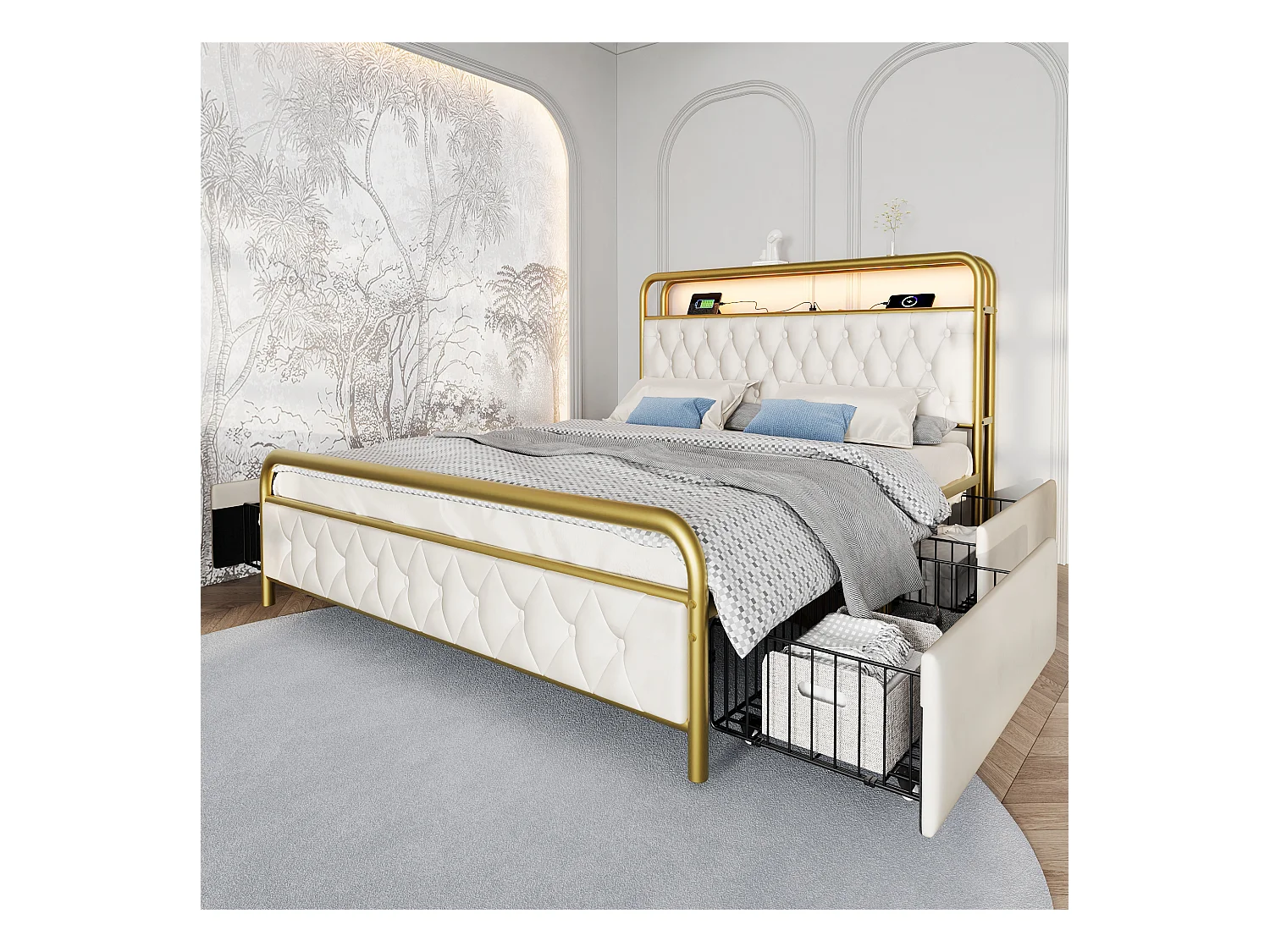 Lit adulte 160x200 cm - Lit double  avec USB et éclairage LED - 4 tiroirs - velours blanc - sans matelas