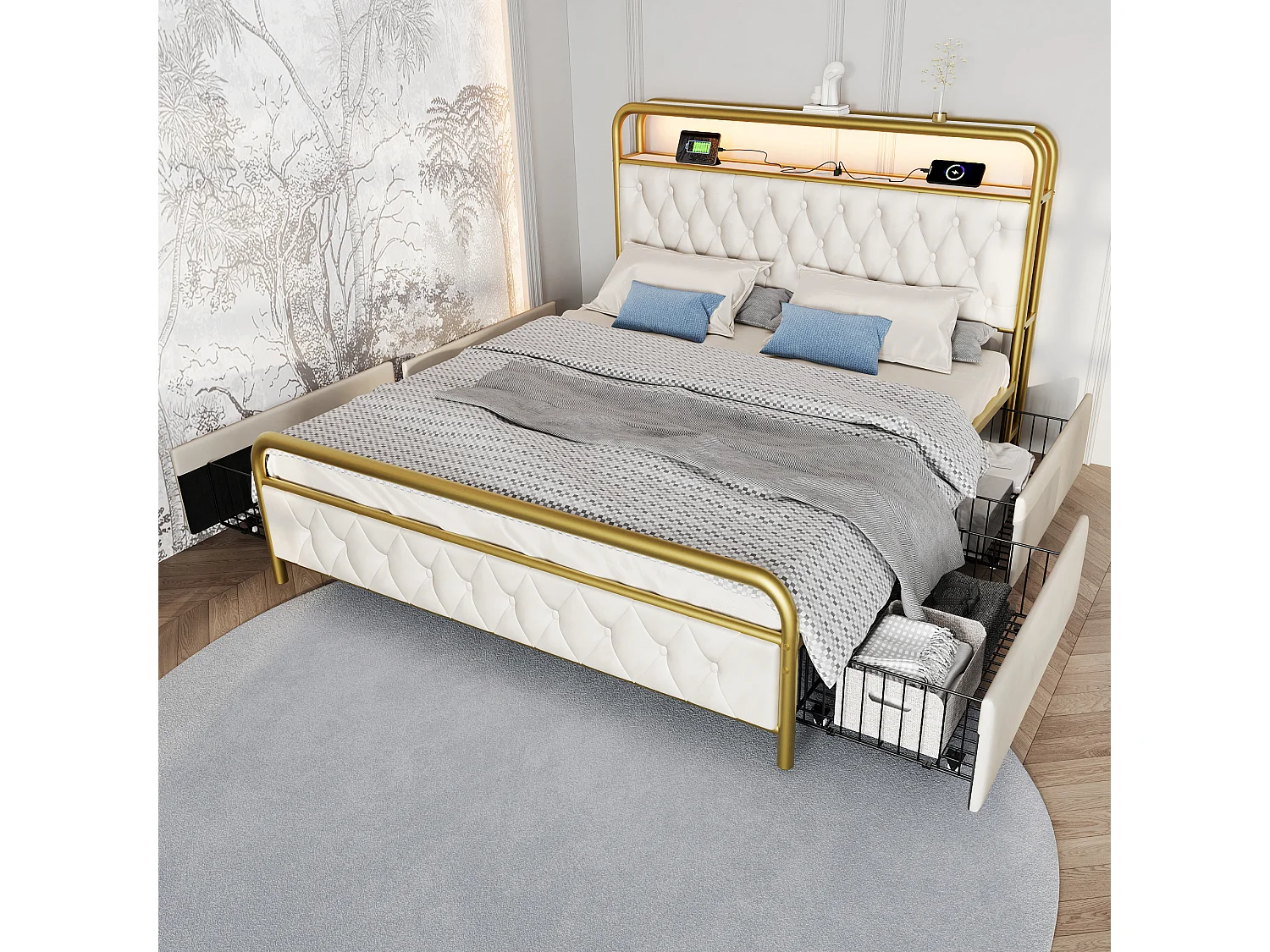 Cama de adulto 160x200 cm - Cama de casal com USB e iluminação LED - 4 gavetas - veludo branco - sem colchão