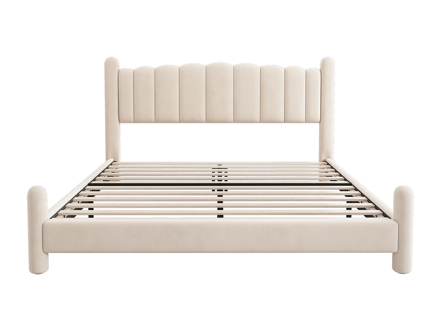 Volwassen bed 160x200 cm - Tweepersoonsbed met lattenbodem en hoofdbord - cilindrische poten - beige fluweel