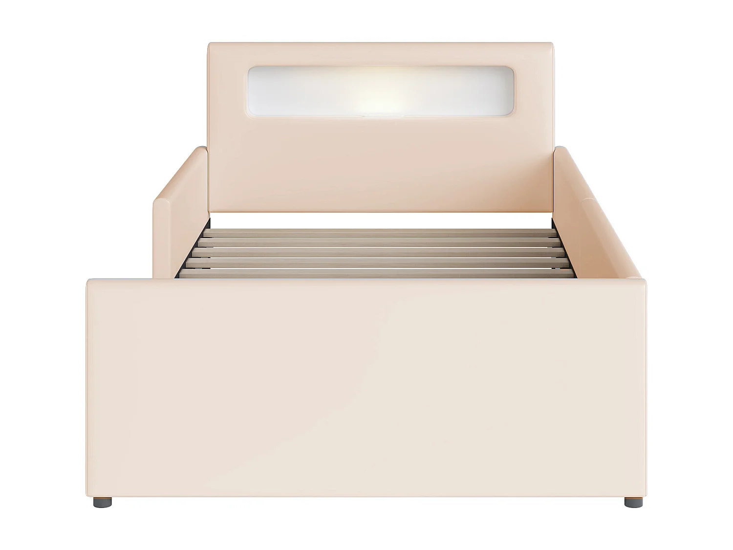 Lit enfant 90x200 cm - Lit simple avec éclairage et recharge USB - 1 tiroir - Simili cuir - beige