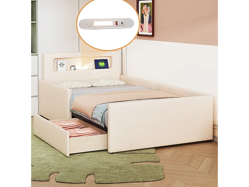 Lit enfant 90x200 cm - Lit simple avec éclairage et recharge USB - 1 tiroir - Simili cuir - beige