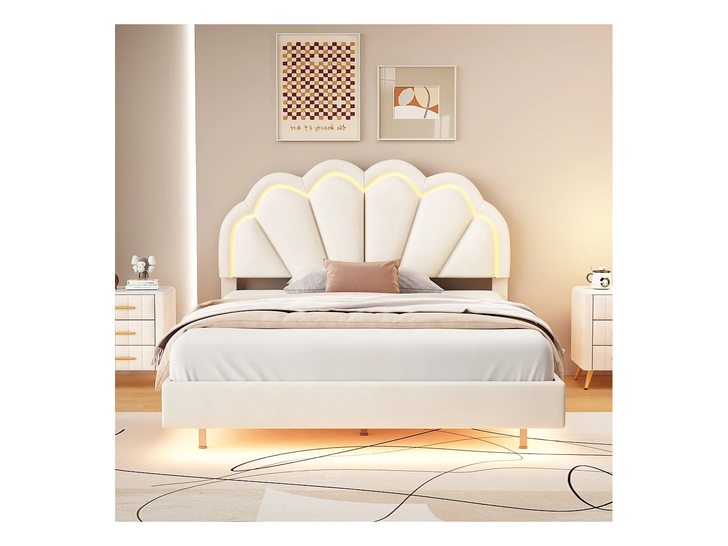 Lit enfant 140x200 cm - Lit double avec éclairage LED et tête de lit capitonnée - velours beige