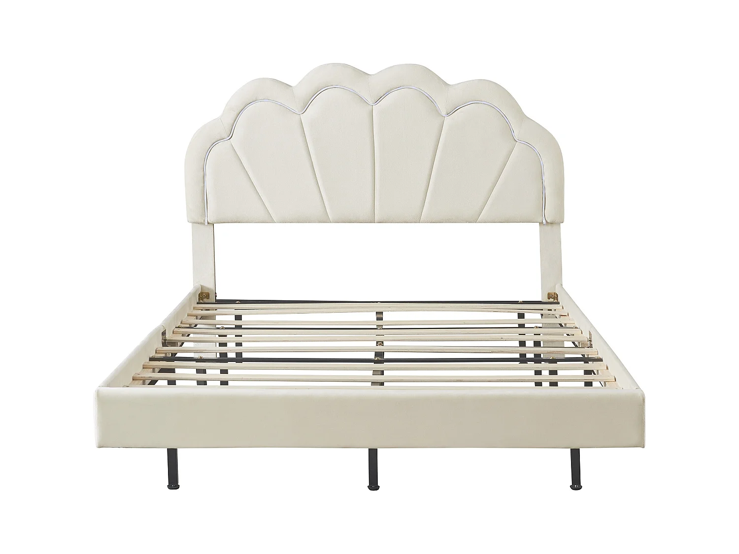 Lit enfant 140x200 cm - Lit double avec éclairage LED et tête de lit capitonnée - velours beige