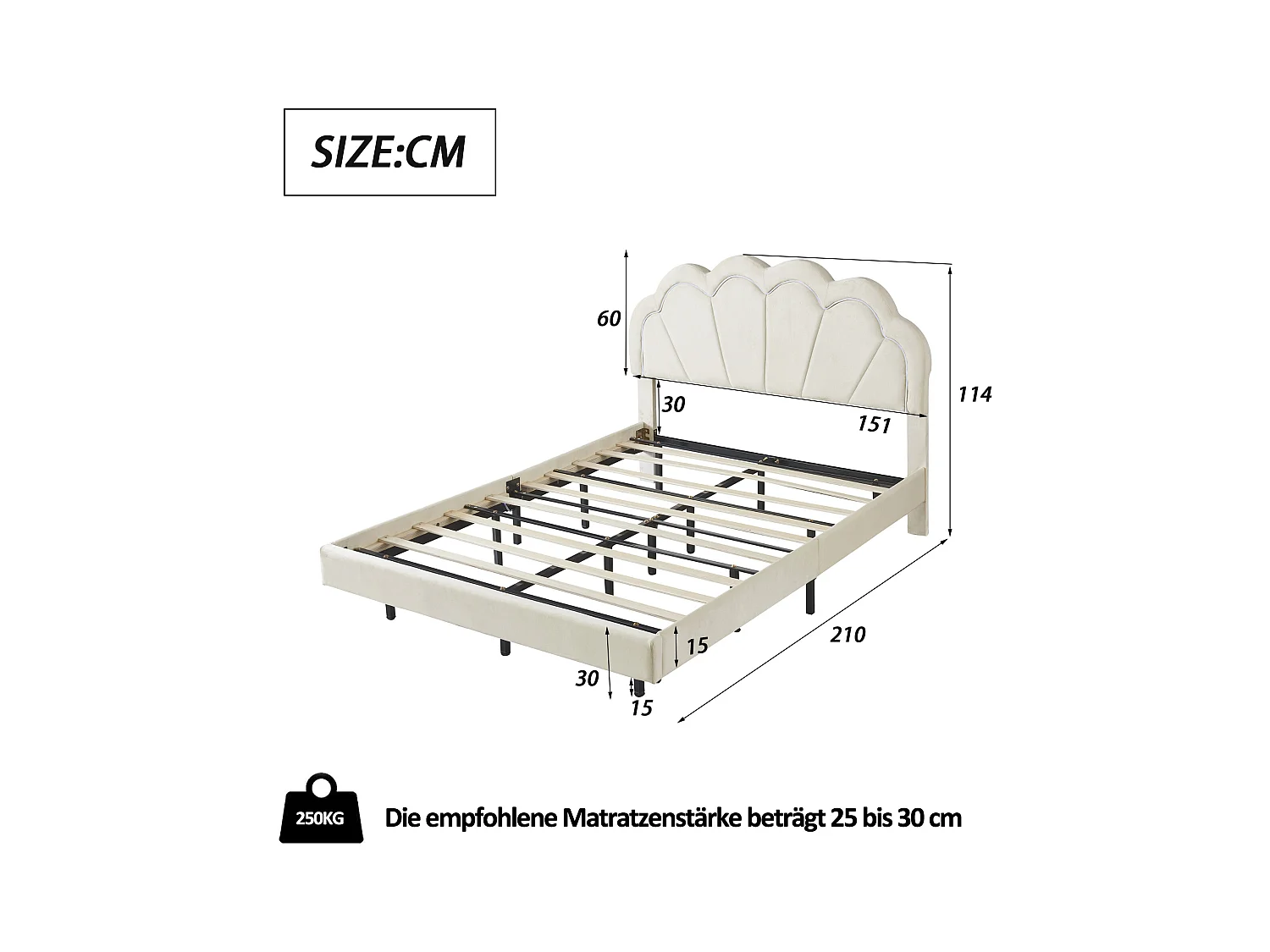 Lit enfant 140x200 cm - Lit double avec éclairage LED et tête de lit capitonnée - velours beige