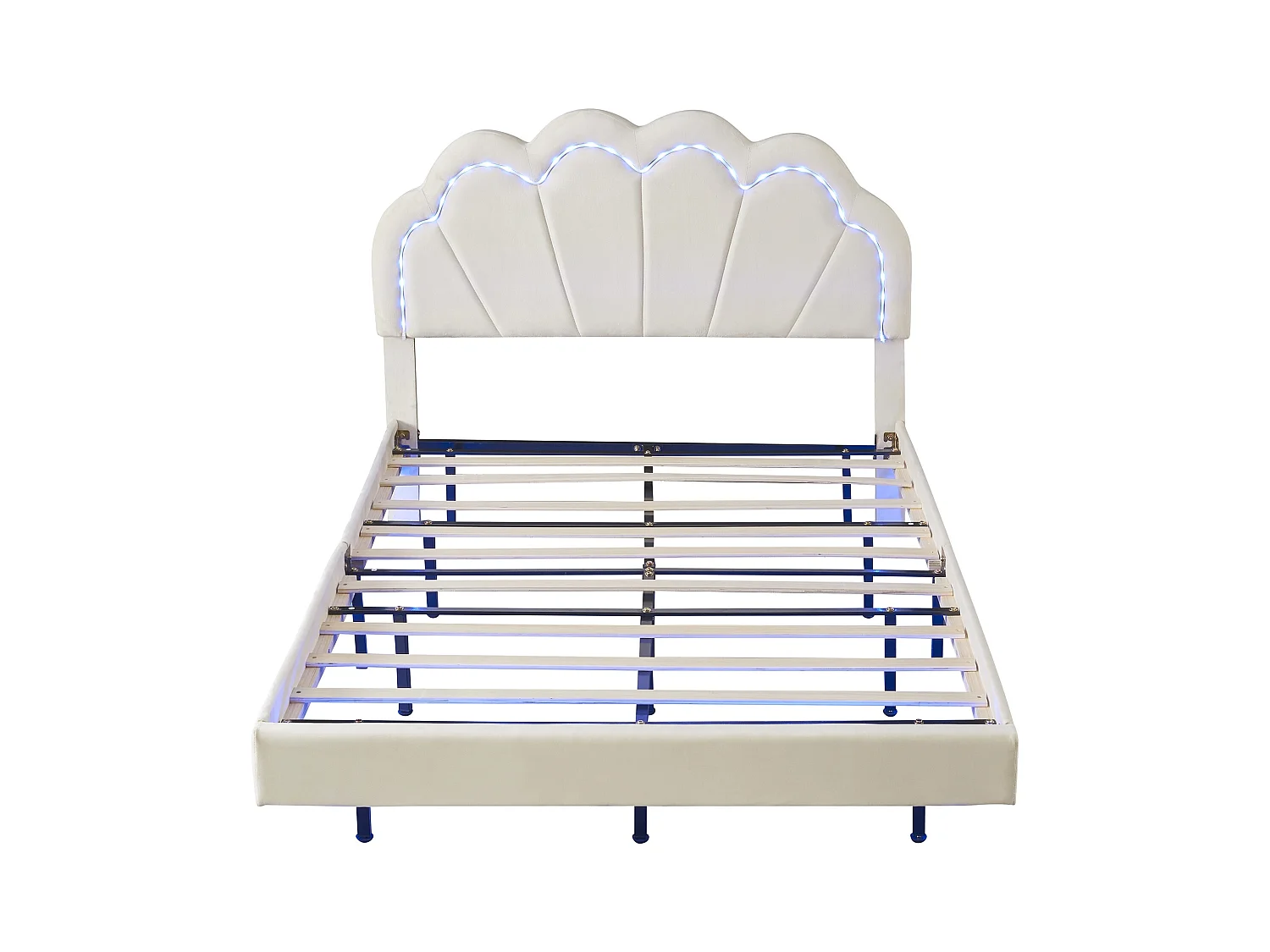 Lit enfant 140x200 cm - Lit double avec éclairage LED et tête de lit capitonnée - velours beige