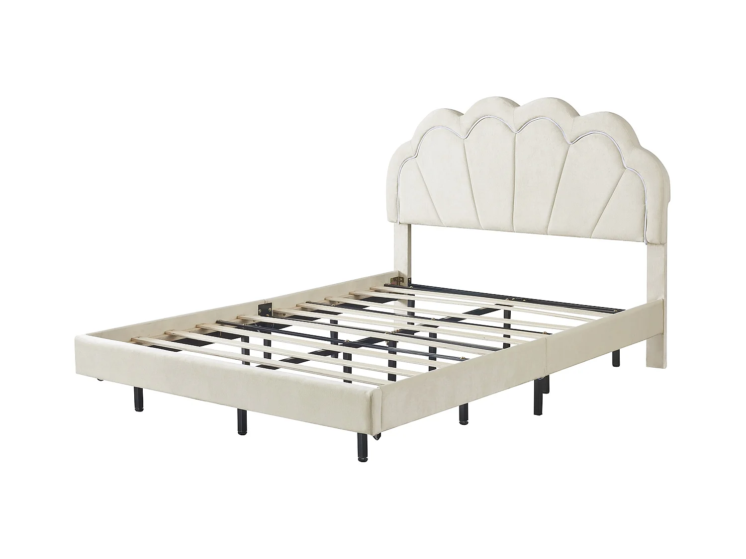 Lit enfant 140x200 cm - Lit double avec éclairage LED et tête de lit capitonnée - velours beige