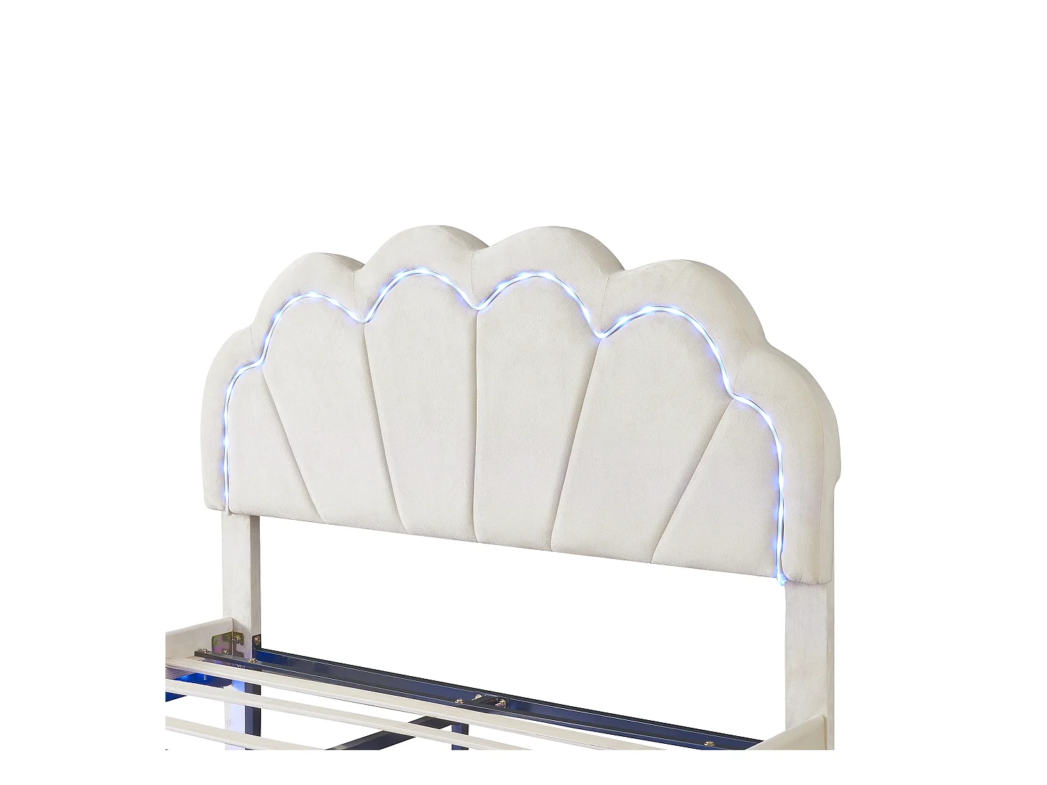 Lit enfant 140x200 cm - Lit double avec éclairage LED et tête de lit capitonnée - velours beige