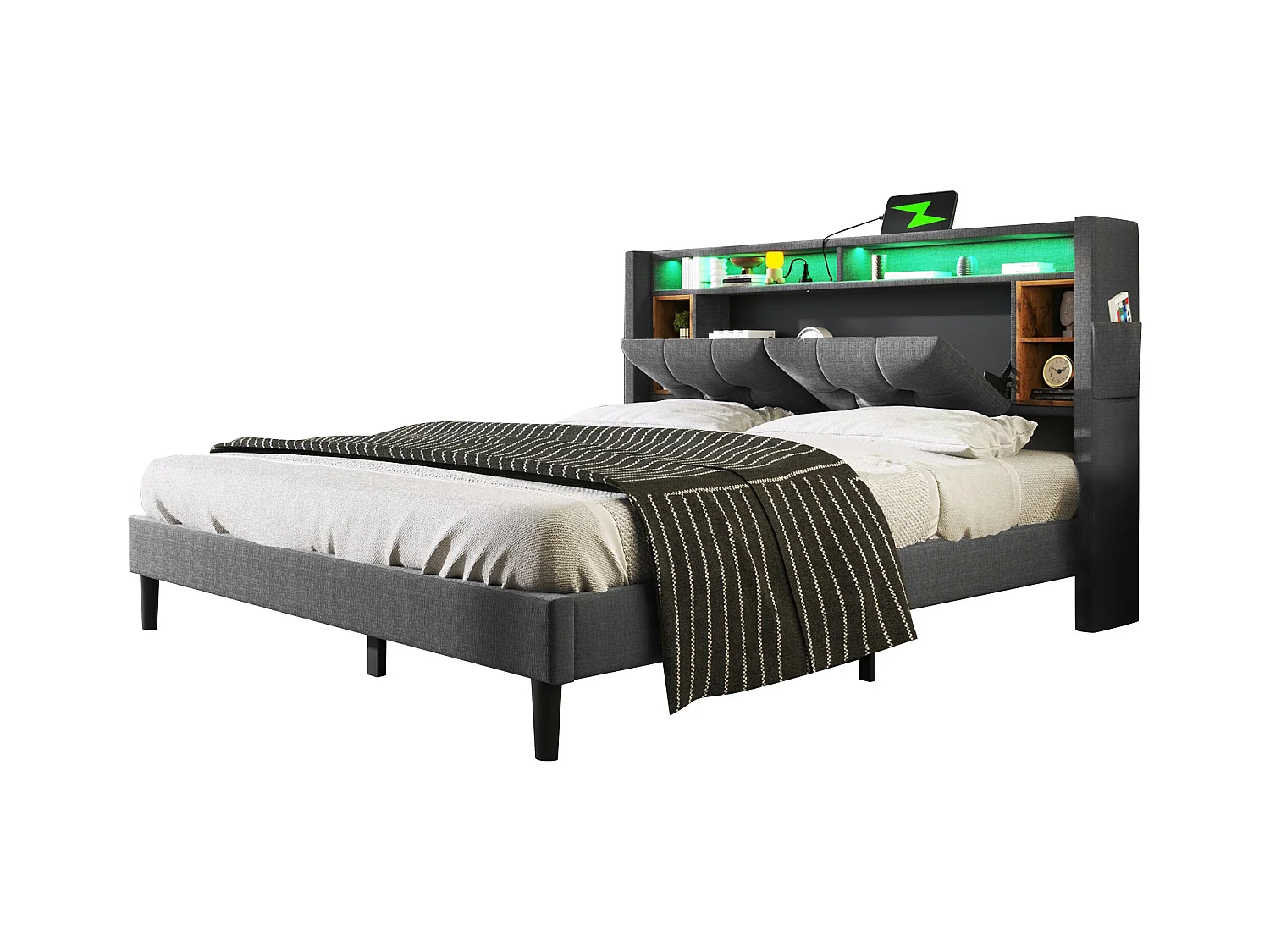 Erwachsenenbett 160x200 cm - Doppelbett mit USB-Ladefunktion und LED-beleuchtung - kopfteil mit stauraum - grau - ohne matratze