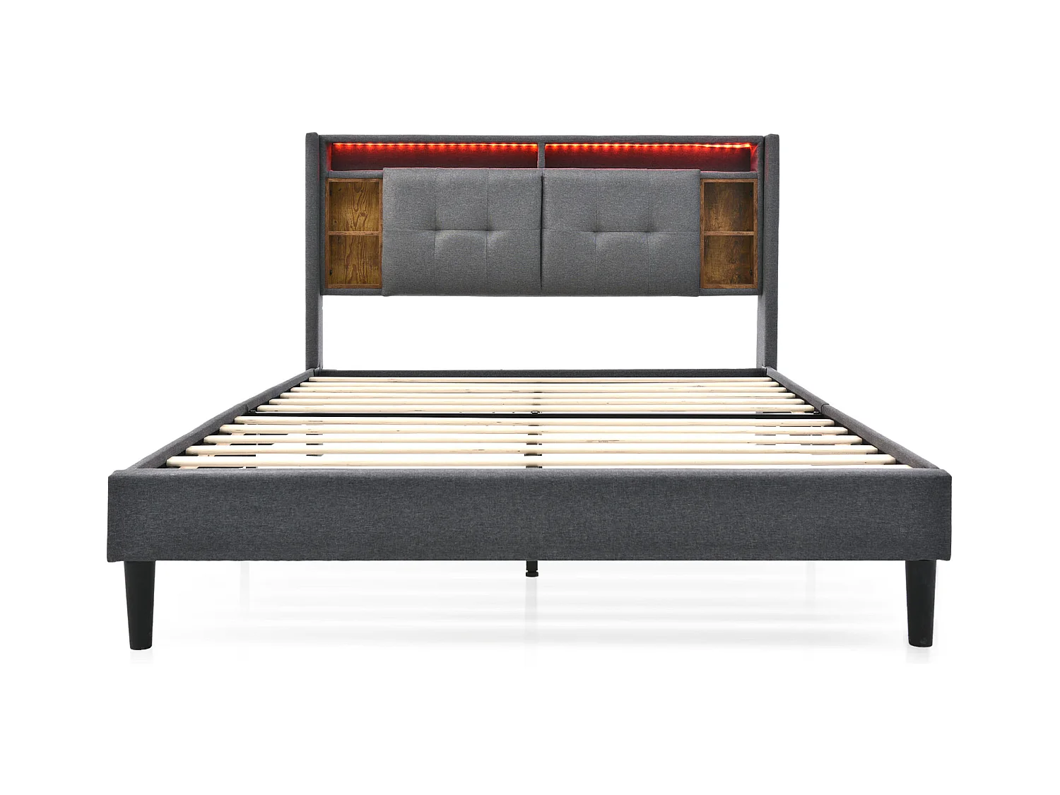 Łóżko dla dorosłych 160x200 cm - Łóżko dwuosobowe z ładowaniem USB i oświetleniem LED - zagłówek ze schowkiem - szare - bez materaca Materac