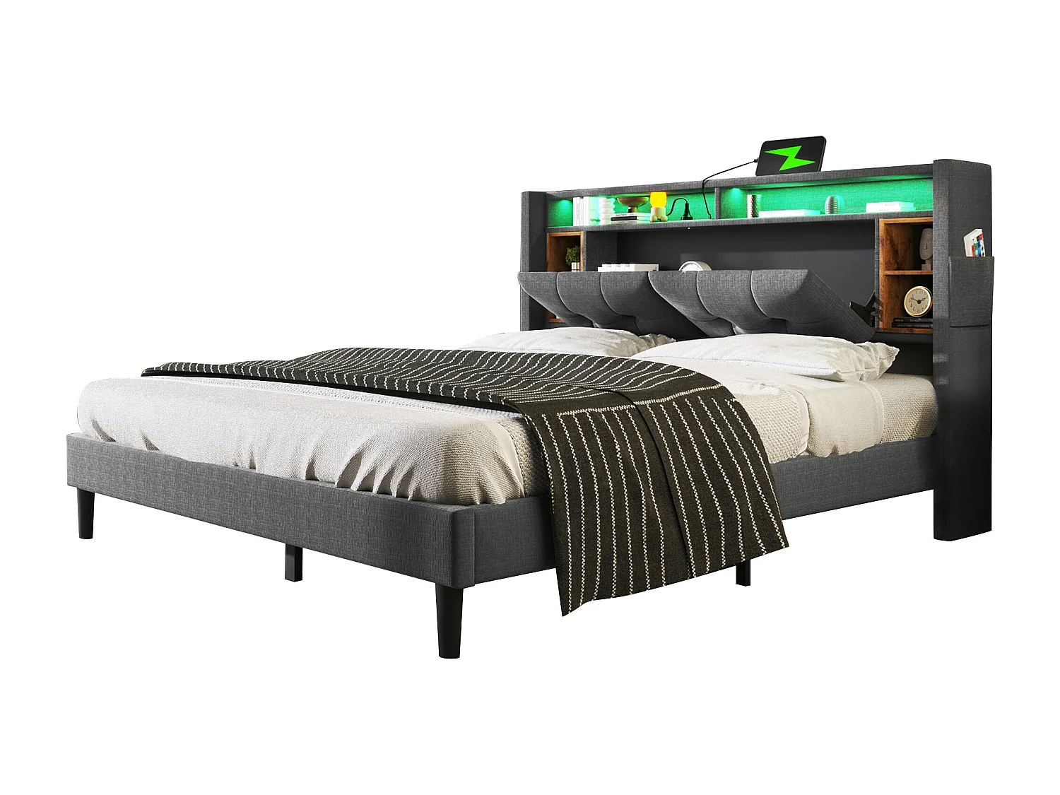 Lit adulte 160x200 cm - Lit double avec chargement USB et éclairage LED - tête de lit avec rangement - gris - sans matelas