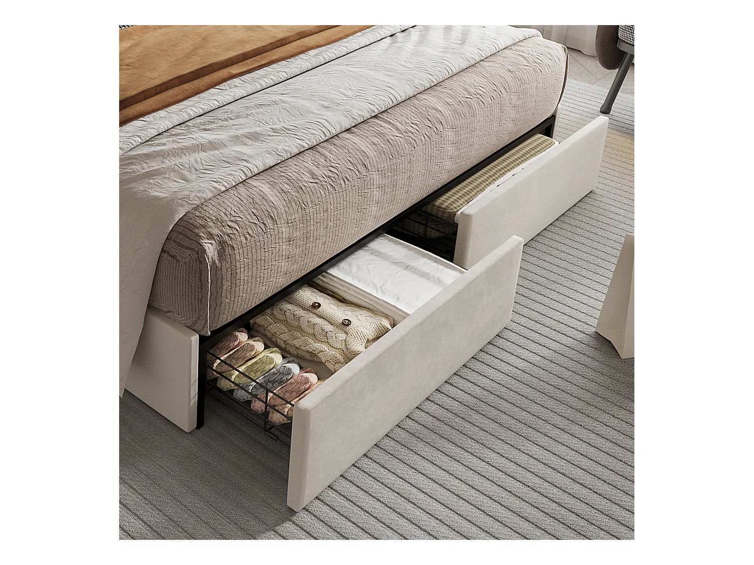 Lit adulte 160x200 cm - Lit double avec chargeur USB et 4 tiroirs - velours beige - sans matelas