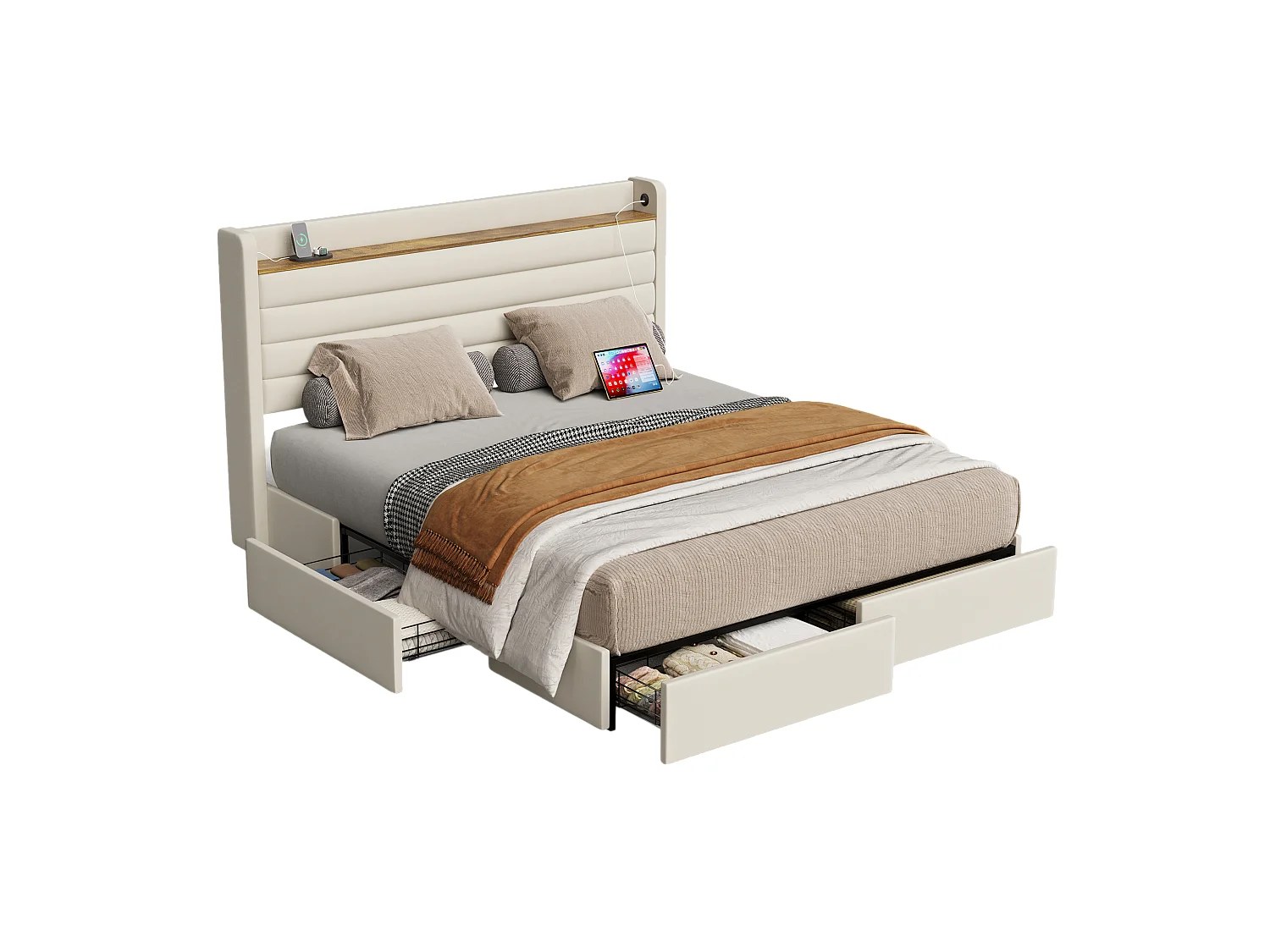 Cama de adulto 160 x 200 cm - Cama de casal com carregador USB e 4 gavetas - veludo bege - sem colchão