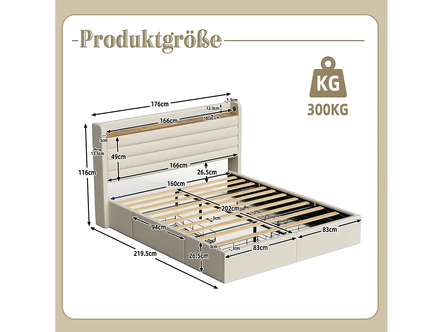 Lit adulte 160x200 cm - Lit double avec chargeur USB et 4 tiroirs - velours beige - sans matelas