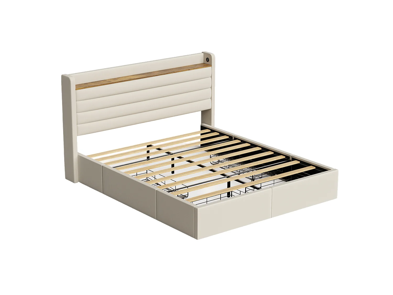 Lit adulte 160x200 cm - Lit double avec chargeur USB et 4 tiroirs - velours beige - sans matelas