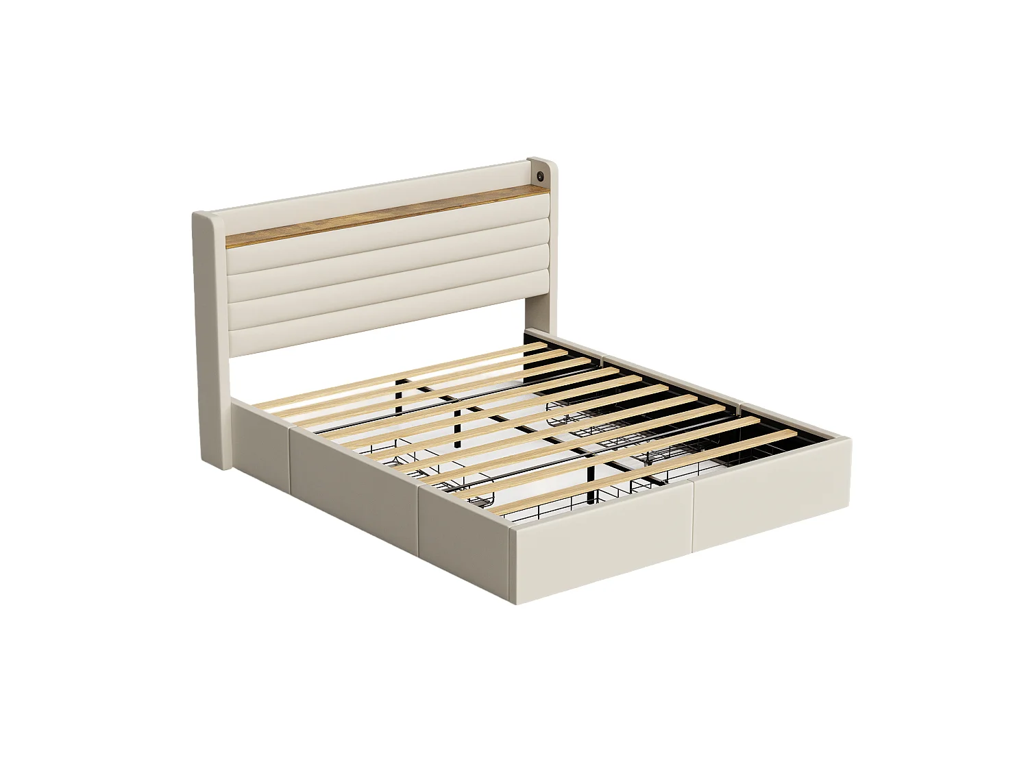 Cama de adulto 140x200 cm - Cama de casal com carregamento USB e 4 gavetas - veludo bege - sem colchão