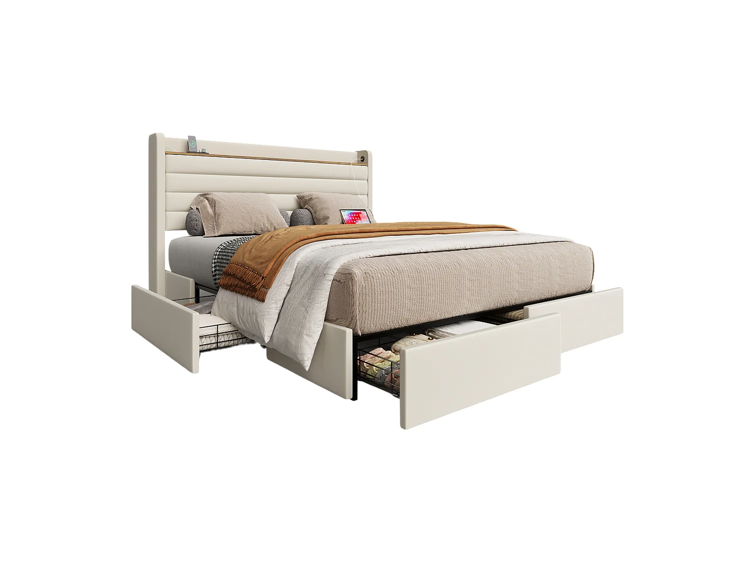 Cama de adulto 140x200 cm - Cama de casal com carregamento USB e 4 gavetas - veludo bege - sem colchão