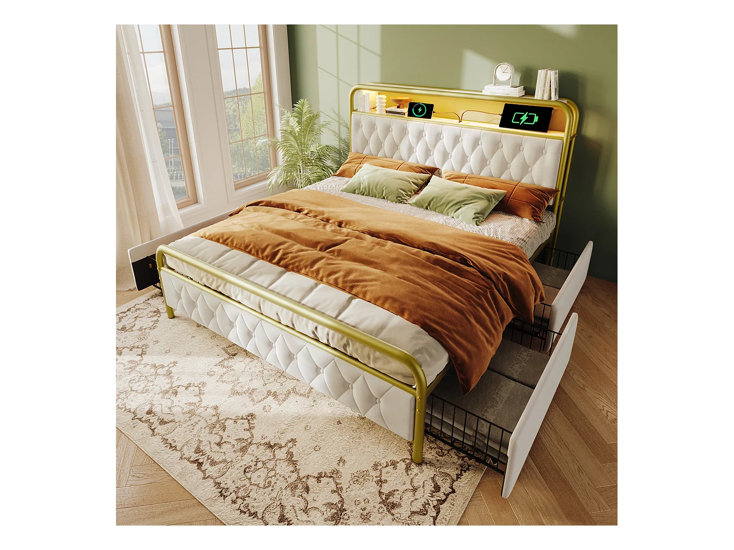 Lit adulte 140x200 cm - Lit double avec LED et recharge USB - 4 tiroirs - velours blanc - sans matelas