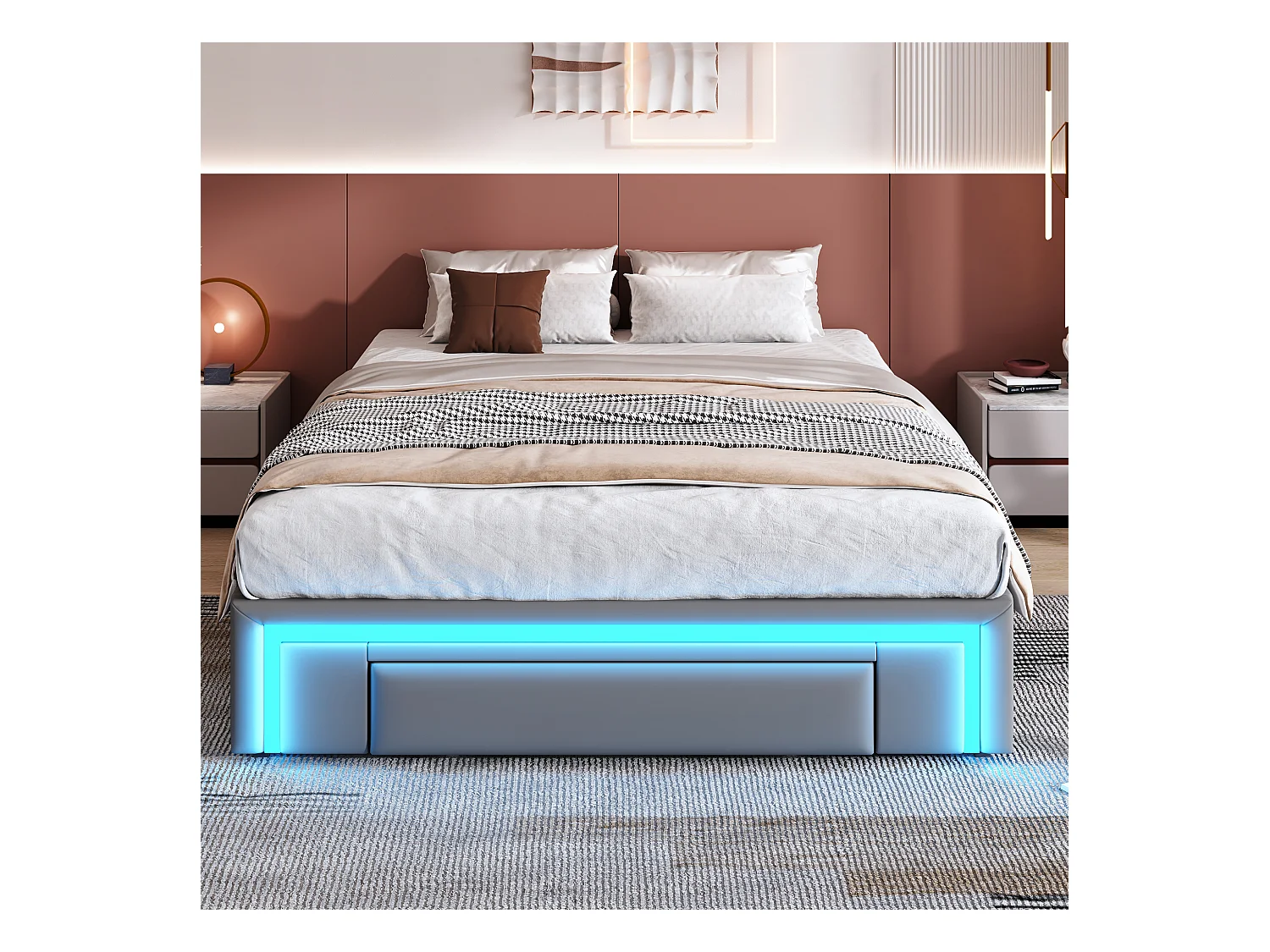 Łóżko dla dorosłych 140x200 cm - Łóżko dwuosobowe z oświetleniem LED i 3 szufladami - szare - bez materaca