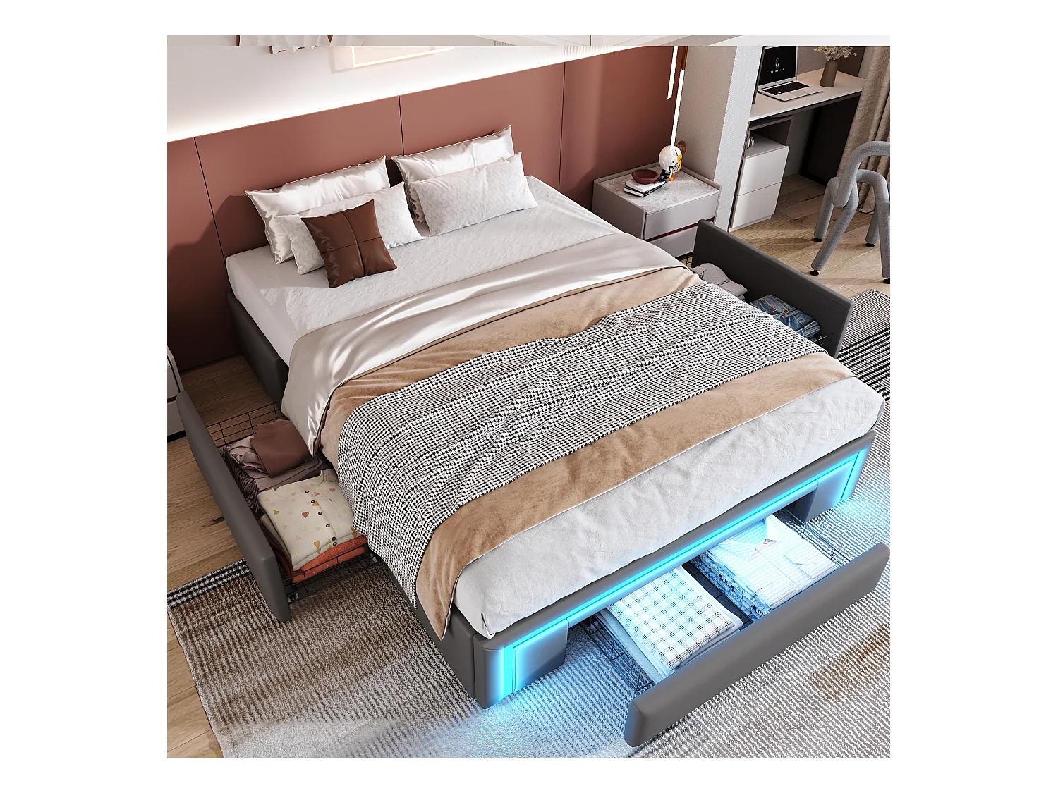 Cama adulto 140X200 cm - Estructura de cama con iluminación LED y 3 cajones - gris - sin colchón