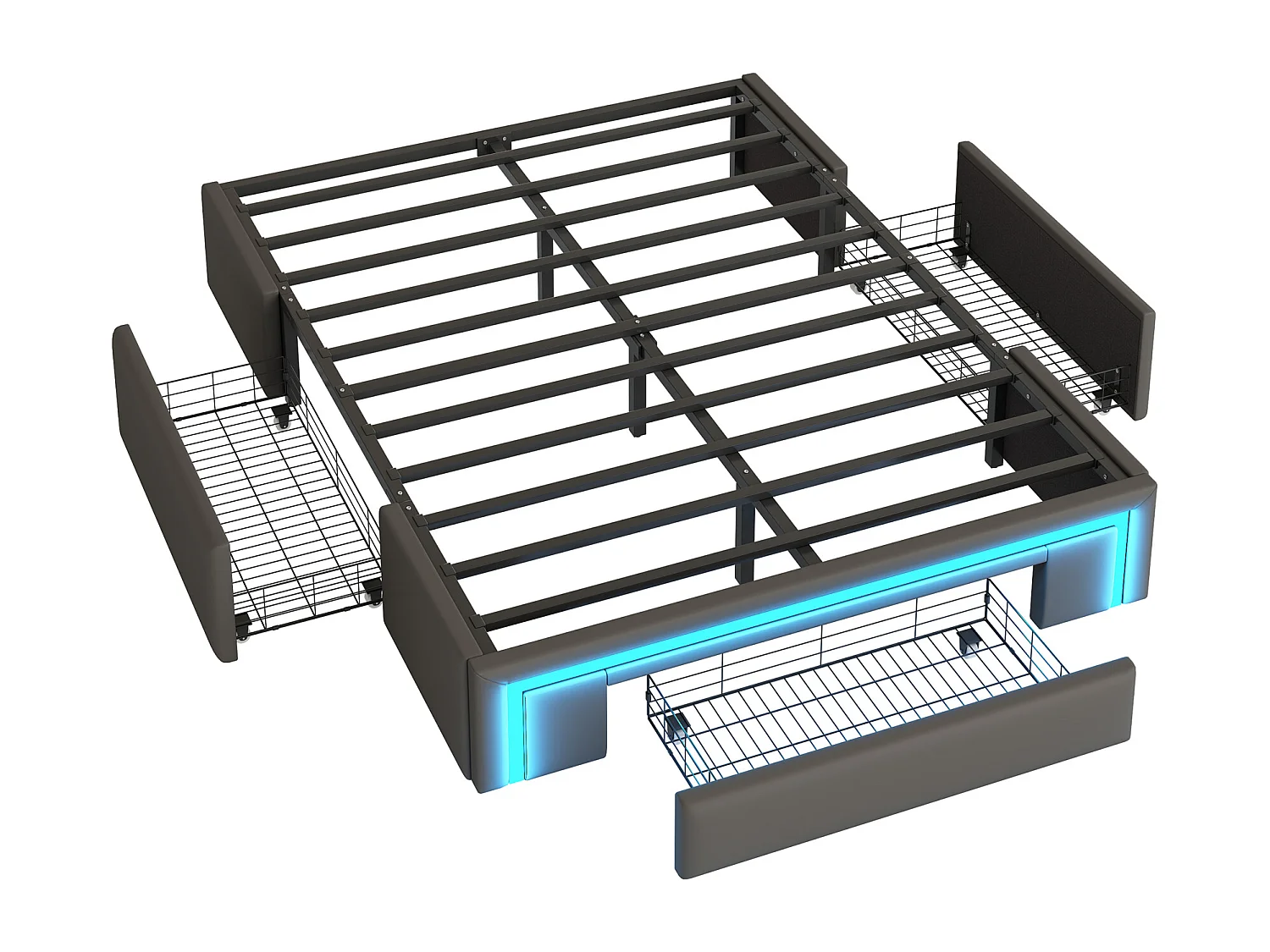 Łóżko dla dorosłych 140x200 cm - Łóżko dwuosobowe z oświetleniem LED i 3 szufladami - szare - bez materaca