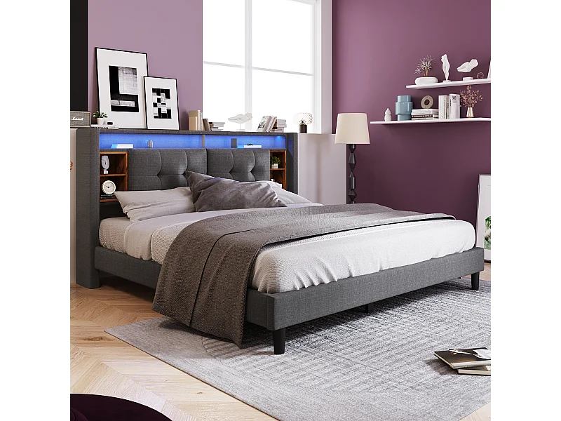 Cama adulto 140x200 cm - Cama doble con carga USB e iluminación LED - cabecero con almacenaje - gris - sin colchón