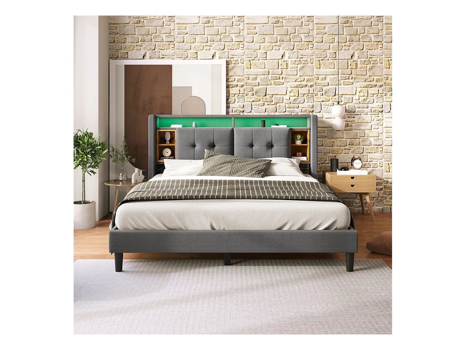 Letto per adulti 140x200 cm - Letto matrimoniale con ricarica USB e illuminazione LED - testiera con contenitore - grigio - senza materasso