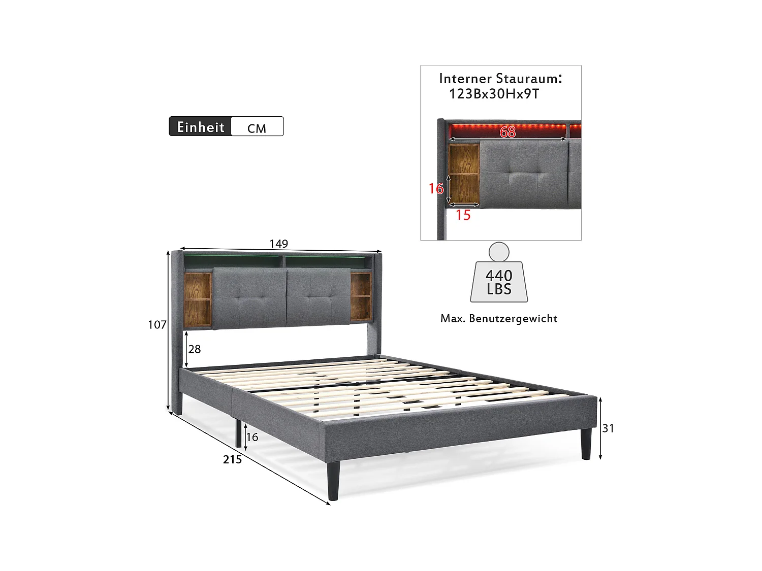 Letto per adulti 140x200 cm - Letto matrimoniale con ricarica USB e illuminazione LED - testiera con contenitore - grigio - senza materasso
