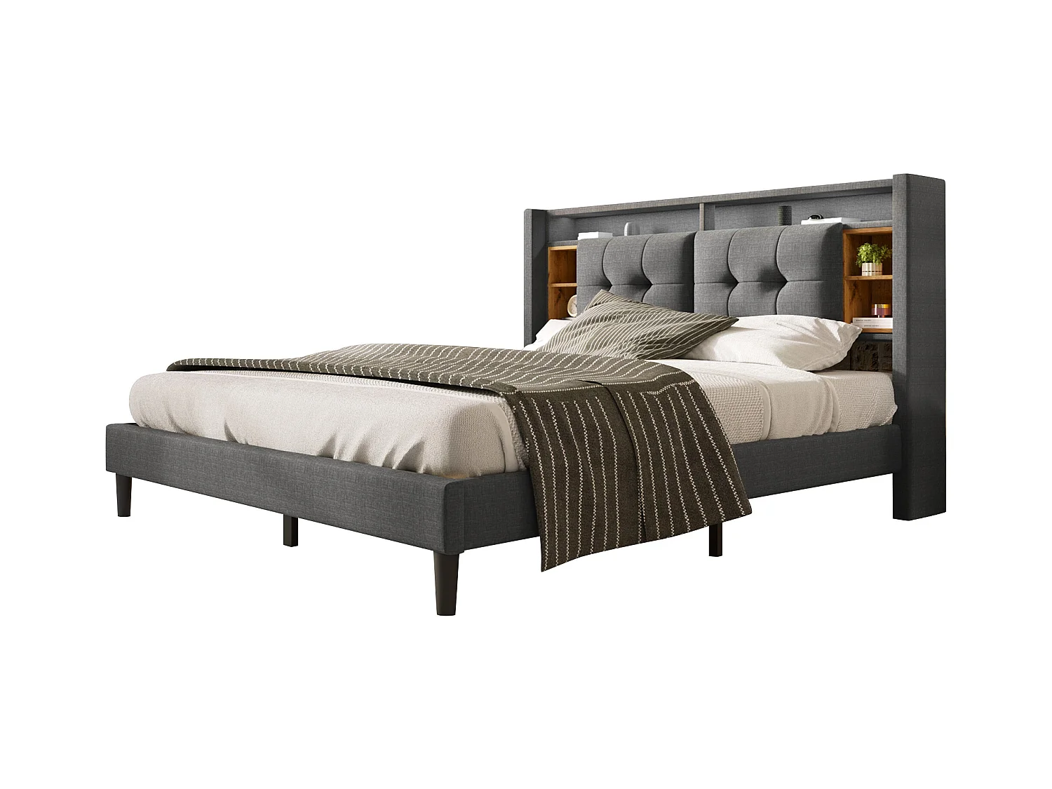 Letto per adulti 140x200 cm - Letto matrimoniale con ricarica USB e illuminazione LED - testiera con contenitore - grigio - senza materasso