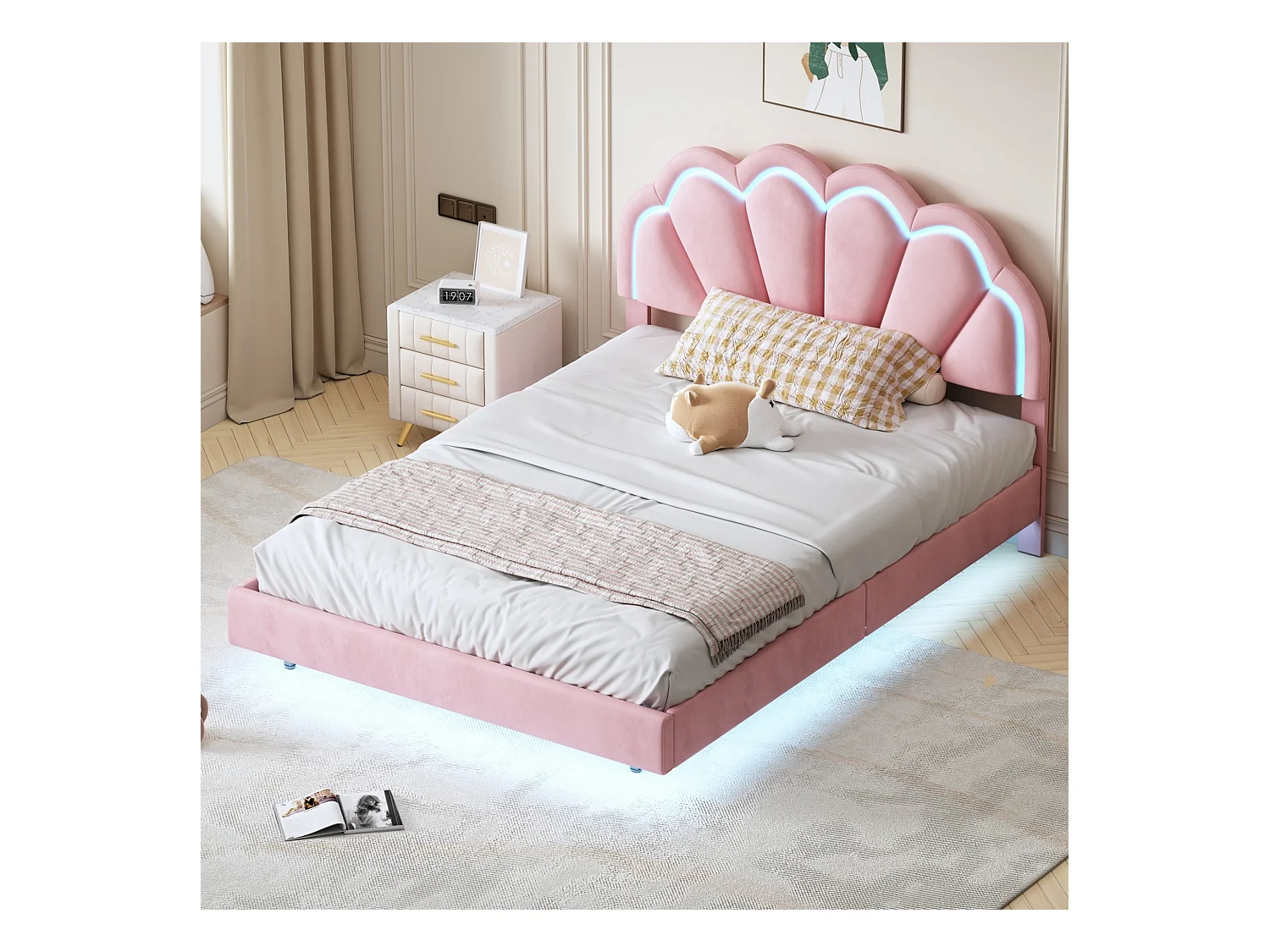 Lit enfant 140x200 cm - Lit ado avec éclairage LED et tête de lit capitonnée - velours rose