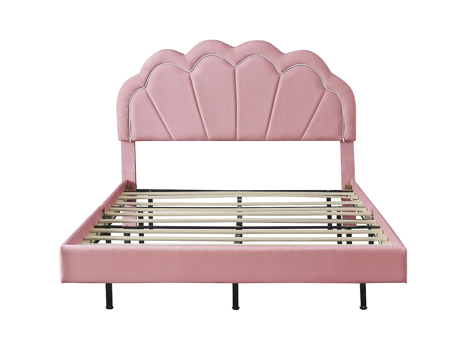 Lit enfant 140x200 cm - Lit ado avec éclairage LED et tête de lit capitonnée - velours rose