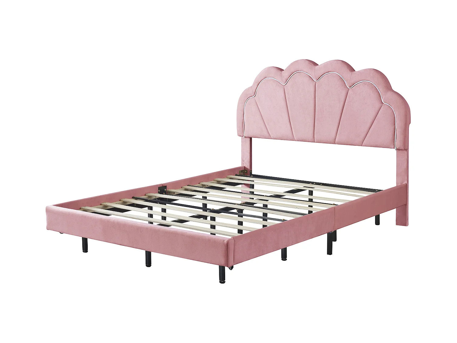 Lit enfant 140x200 cm - Lit ado avec éclairage LED et tête de lit capitonnée - velours rose
