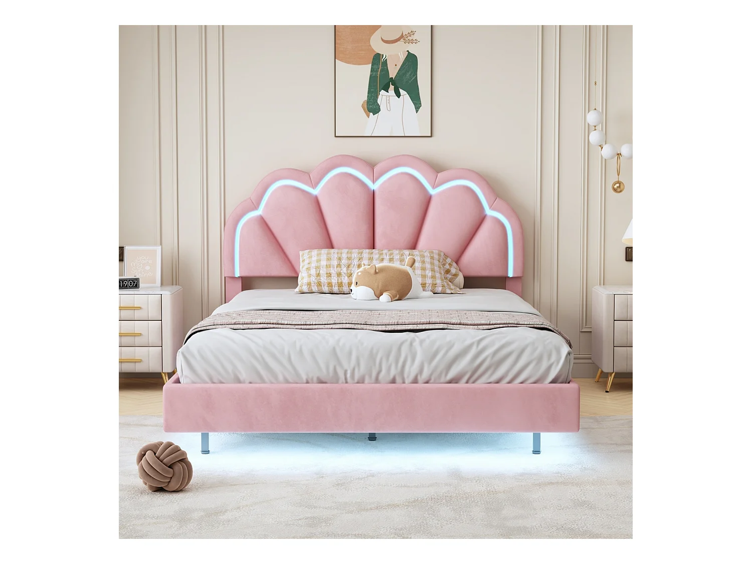 Letto imbottito 140x200 cm - Letto per bambini con illuminazione a LED e testiera imbottita - velluto rosa