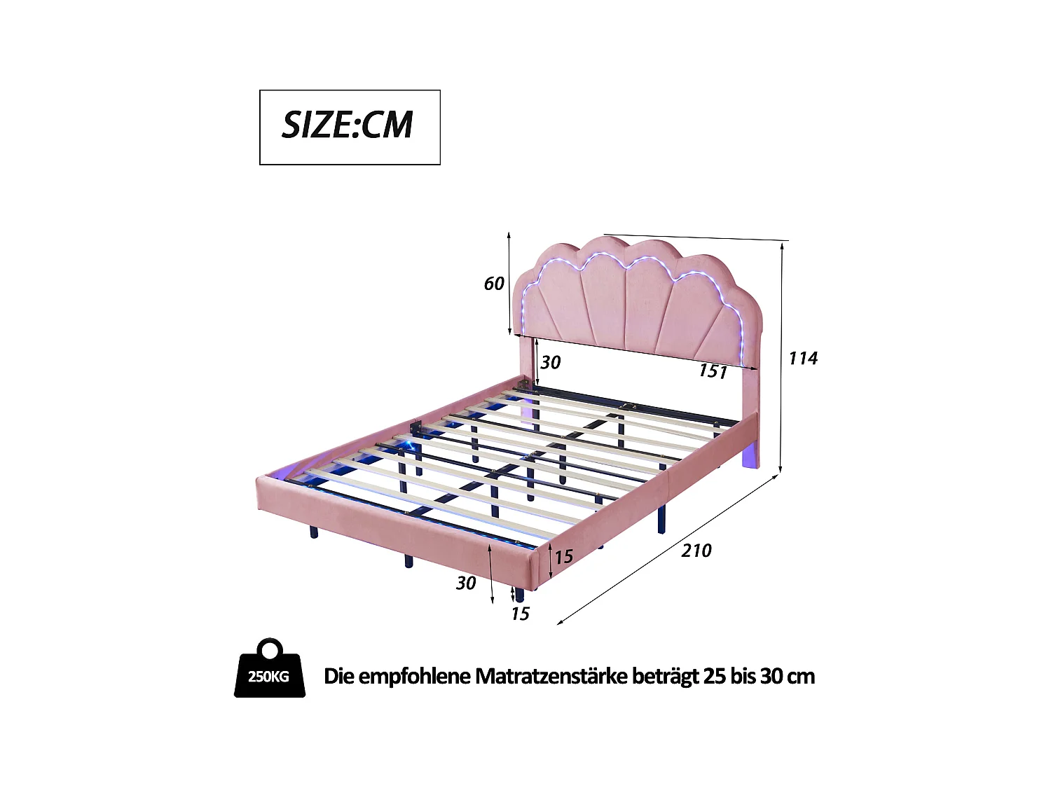 Letto imbottito 140x200 cm - Letto per bambini con illuminazione a LED e testiera imbottita - velluto rosa