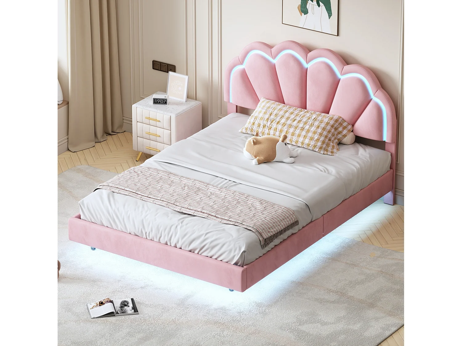 Cama tapizada 140x200 cm - Cama infantil con iluminación LED y cabecero tapizado - terciopelo rosa