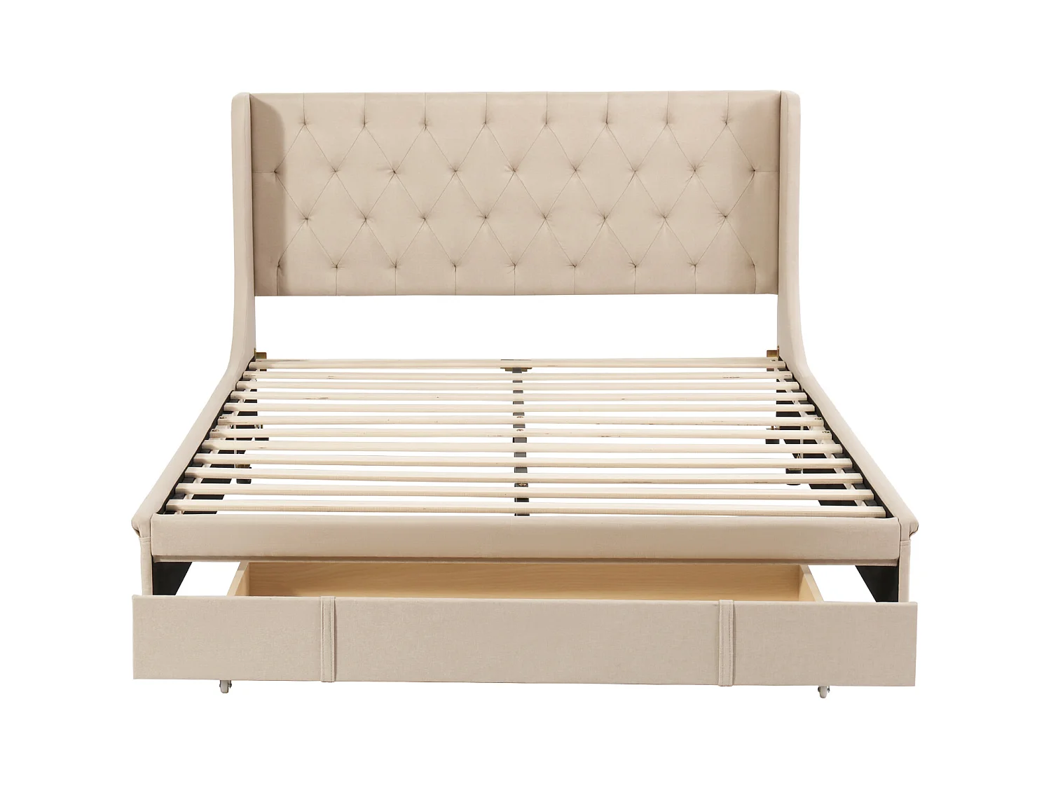 Lit adulte 140x200 cm - Lit double avec tiroirs et sommier à lattes - Lin beige - sans matelas