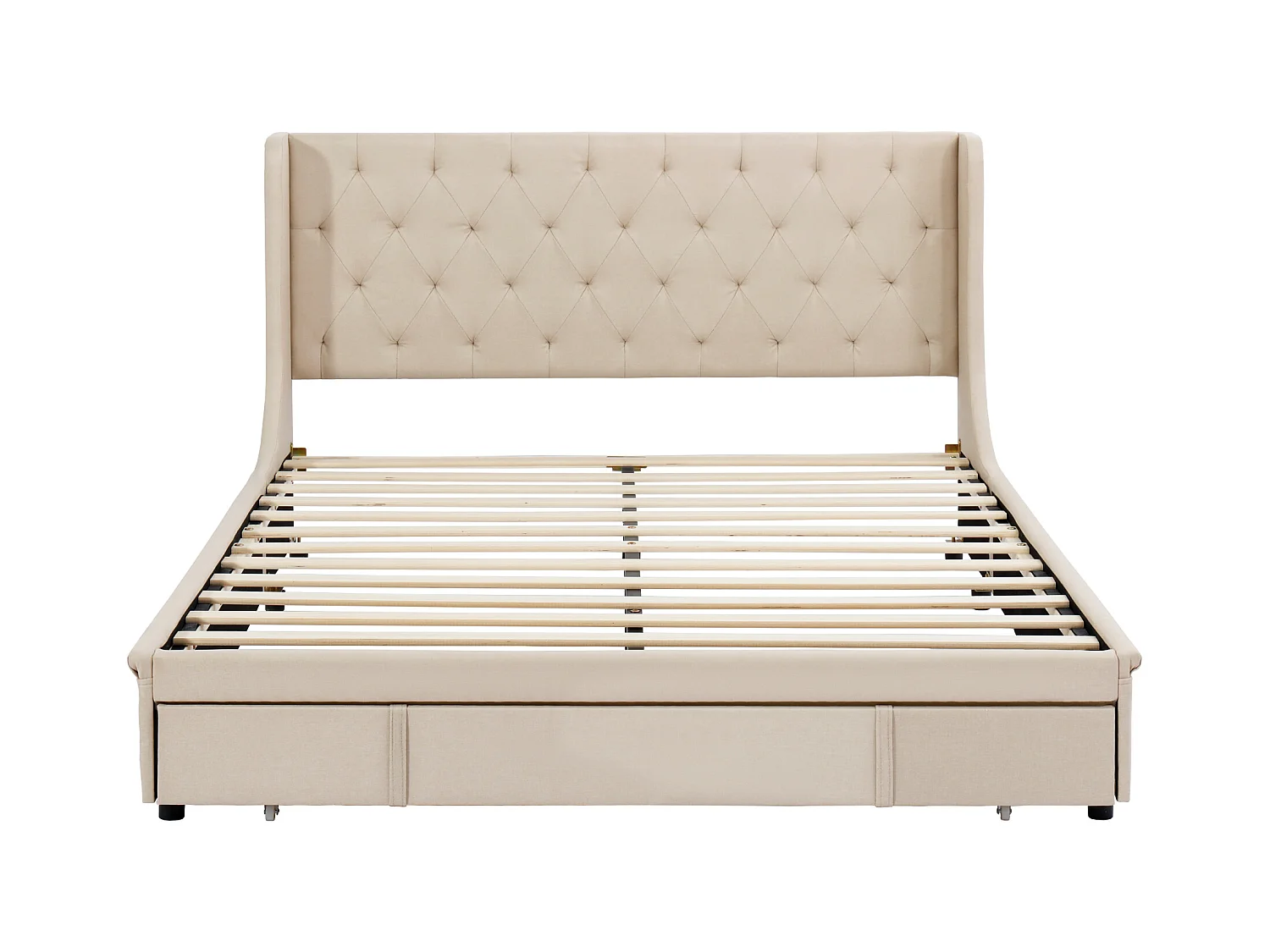 Lit adulte 140x200 cm - Lit double avec tiroirs et sommier à lattes - Lin beige - sans matelas