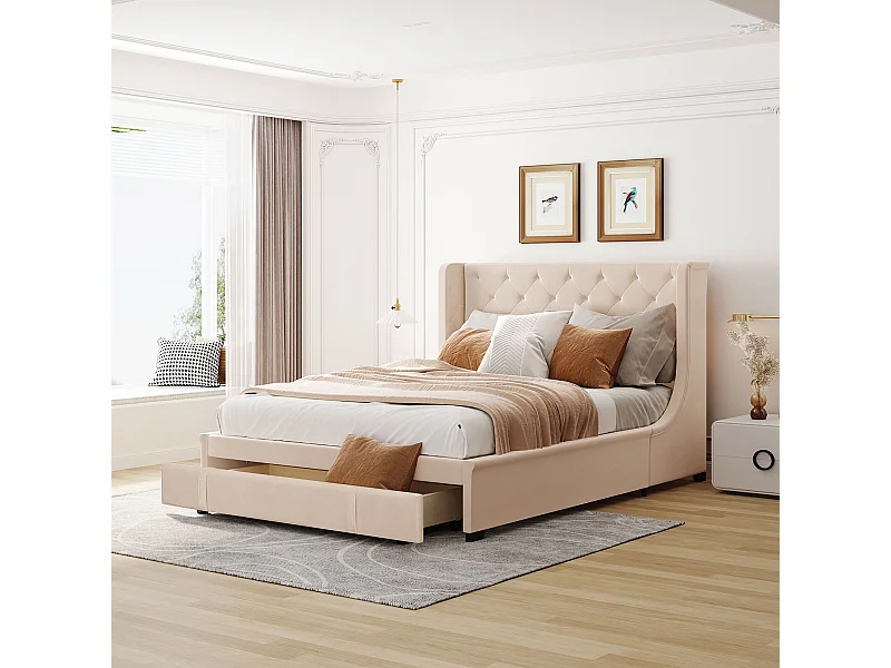 Volwassen bed 140x200 cm - Tweepersoonsbed met lades en lattenbodem - Beige linnen - zonder matras