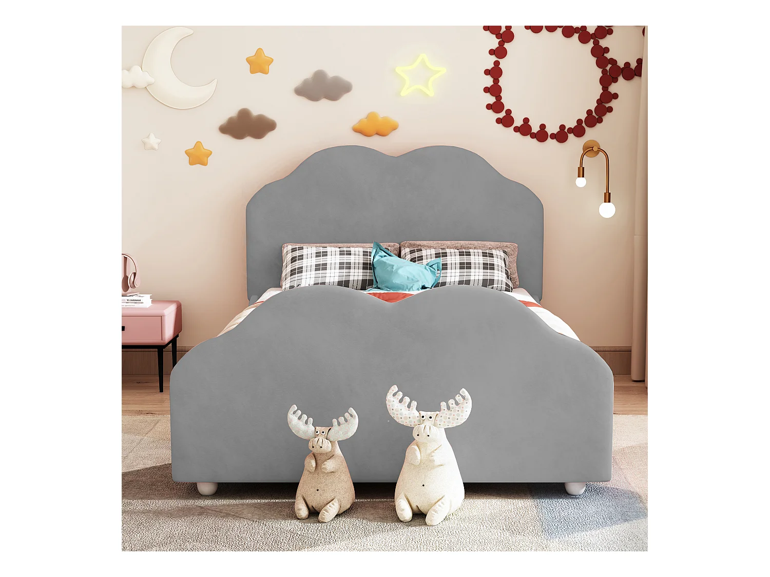 Kinderbett 90 x 200 cm - Einzelbett mit wolkenförmigem Kopfteil und Absturzsicherung - samt grau