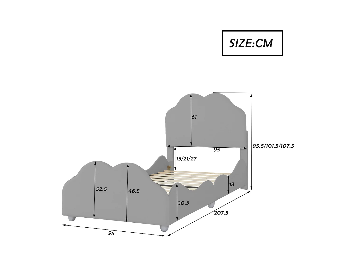 Kinderbett 90 x 200 cm - Einzelbett mit wolkenförmigem Kopfteil und Absturzsicherung - samt grau